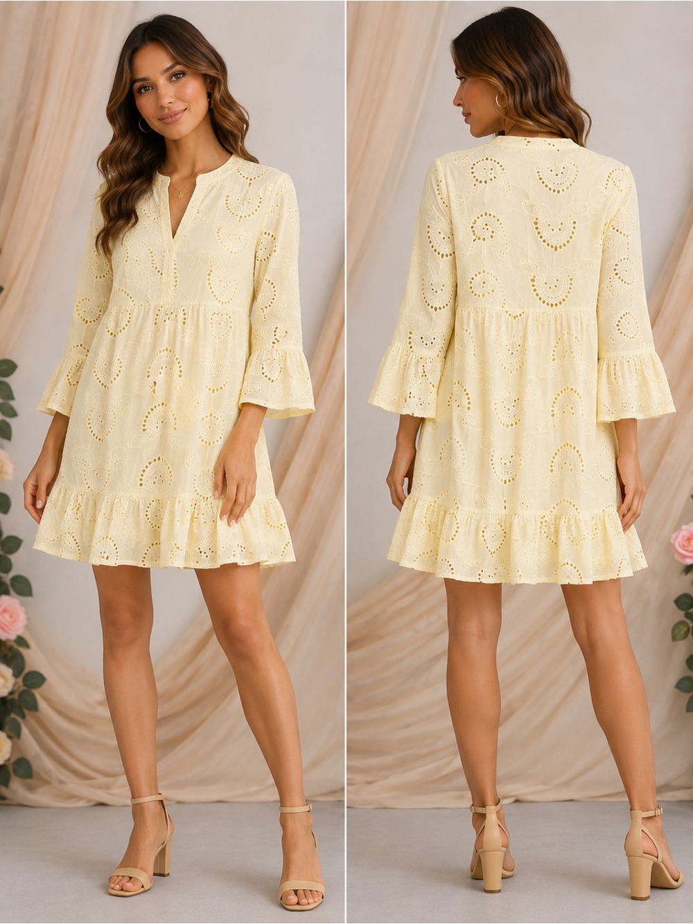 S-DEER Yellow Eyelet Embroidered Ruffle Mini Dress Size L NWT